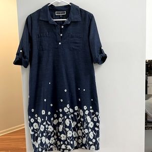 Denim dress with fun flowers.